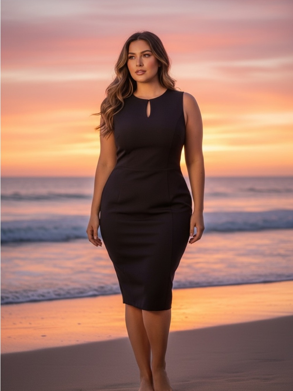 Yansi Fugel Black Sleeveless Keyhole Midi Sheath Dress
